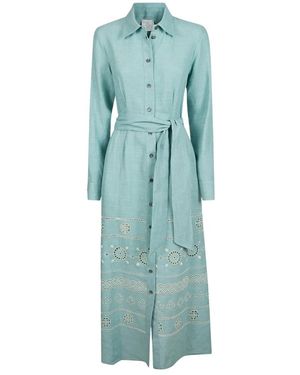Eleventy Kleedjes ,Blauw ,Linnen Geborduurde Midi-Overhemdjurk Met Ceintuur