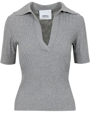 Erika Cavallini Semi Couture Geribbeld V-Hals Shirt Grijs Katoen