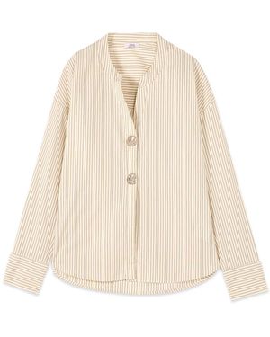 Oltre Gestreepte Canvas Blouse Met Juweelknopen - Naturel