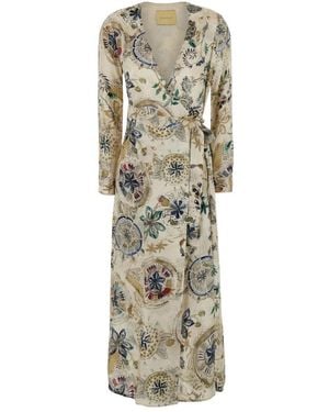 Momoní V-Hals Jurk Met Print - Naturel