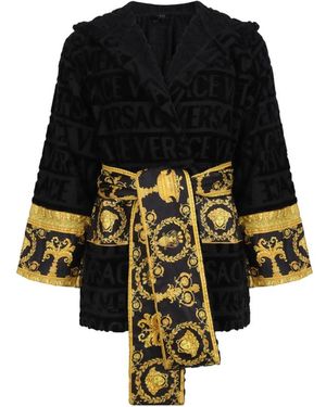 Versace Nachtkleding ,Zwart ,Katoen Zwarte Korte Badjas Met Barokdesign