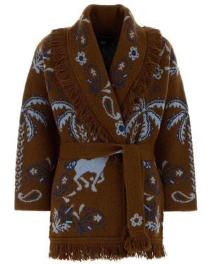 Alanui Jacquard Gebreide Cardigan Met Riem En Franjes - Bruin