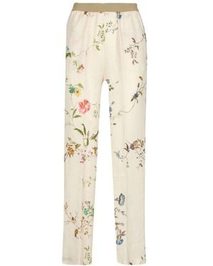 Semicouture Bloemen Linnen Broek Met Elastische Taille - Naturel