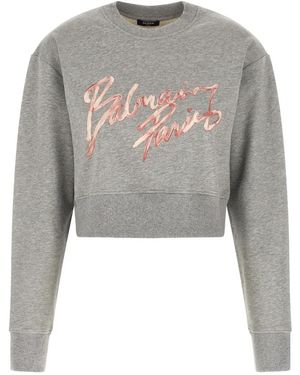 Balmain Cropped Printed Cotton Sweatshirt - Grijs