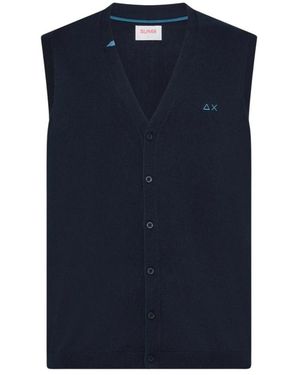 Sun 68 Cotton Knit V-Neck Gilet - Blauw