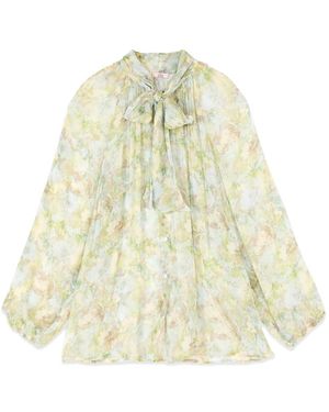 Oltre Overhemden ,Veelkleurig ,Geplooide Viscose Blouse Met Strik - Naturel