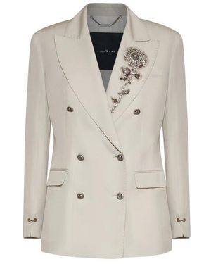 John Richmond Jassen ,Wit ,Leer Double-Breasted Blazer Met Bloemenjuweelversiering - Naturel