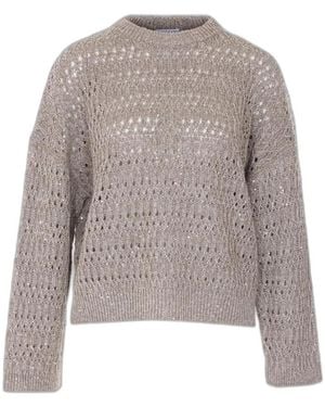 Brunello Cucinelli Pullover Mit Rundhalsausschnitt Aus Leinenmischung Mit Pailletten - Grau