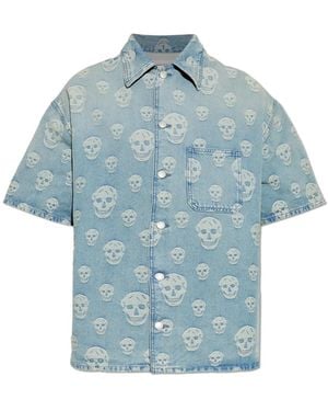 McQueen Overhemden ,Blauw ,Denim Denim Overhemd Met Een Opvallend Schedelmotief