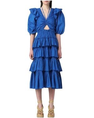 Sea Ruffle Midi Jurk Uitgesneden Detail - Blauw