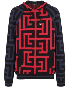 Balmain Monogram-Print Drawstring Hoodie - Red
