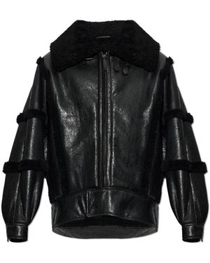 Balenciaga Lederjacke Mit Hohem Kragen Und Shearling-Details Und -Futter - Schwarz