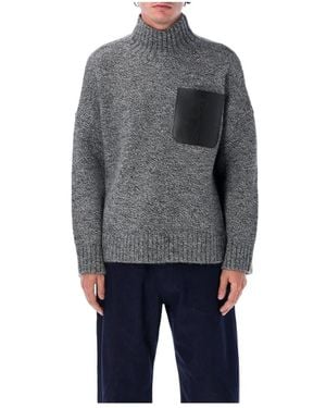 JW Anderson Grijze Gebreide Kleding Aw25 Leren Patch Trui - Grijs