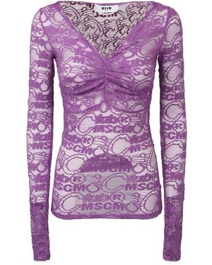 MSGM Lila Spitzen-Strickoberteil Mit V-Ausschnitt