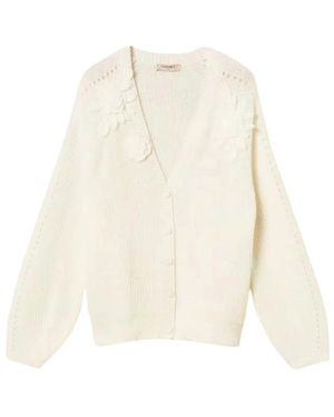 Twinset Truien & Vesten ,Wit ,Wol Cardigan Met Gehaakte Bloemen