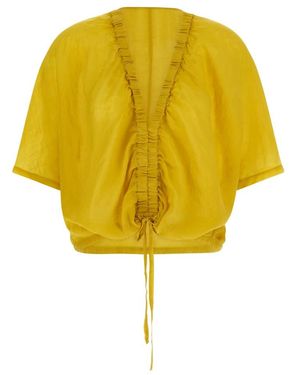 Nude Blouse Met Geplooide V-Hals - Geel