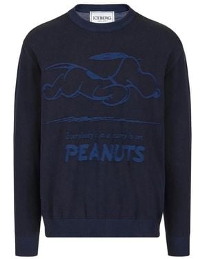 Iceberg Klassischer Baumwoll-Rundhalspullover Mit Peanuts-Intarsie - Blau