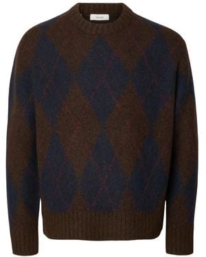 SELECTED Truien & Vesten ,Bruin ,Polyester Geborstelde Argyle Trui Met Ronde Hals - Zwart
