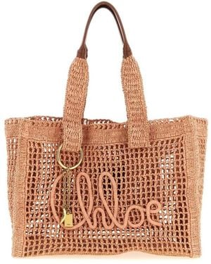 Chloé Tassen ,Roze ,Leer Woody Raffia Tote - Bruin