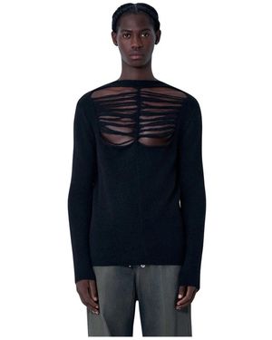 Rick Owens Verontruste Wolmix Gebreide Crewneck Top - Blauw
