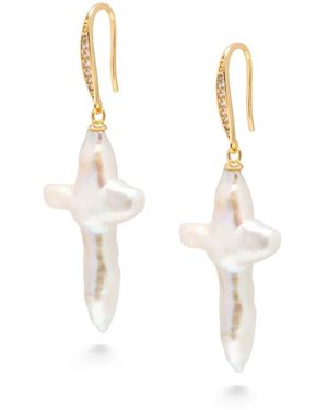 Nialaya Pearl Cross Earrings - Metallic
