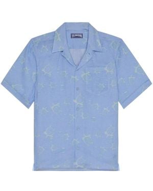 Vilebrequin Overhemden ,Blauw ,Wol Linen Bowling Shirt Bubble 3D