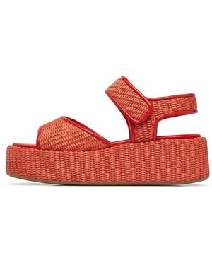 Loriblu Schoenen ,Rood ,Leer Rode Cayenne Sandaal Met Sleehak Van Nappaleer En Raffia