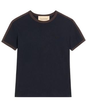Valentino Tops ,Blauw ,Katoen Katoenen T-Shirt Met Ronde Hals En Vlogo-Borduurwerk