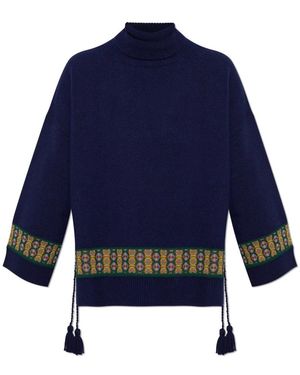 Etro Truien & Vesten ,Blauw ,Katoen Turtleneck Met Zijdelingse Franjes
