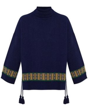 Etro Truien & Vesten ,Blauw ,Katoen Turtleneck Met Zijdelingse Franjes