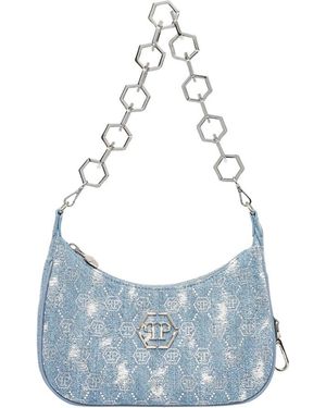 Philipp Plein Denim Schoudertas Monogram Strass - Blauw
