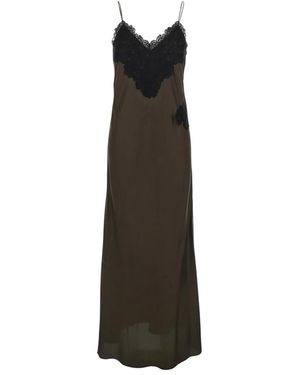 Rohe Braunes Seiden Langes Kleid Mit Spitze - Schwarz