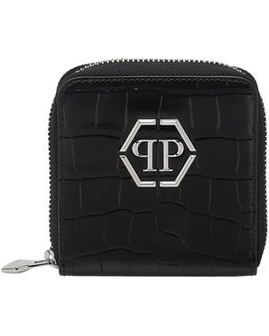 Philipp Plein Accessoires ,Zwart ,Leer Croco Embossed Mini Round Zip Wallet