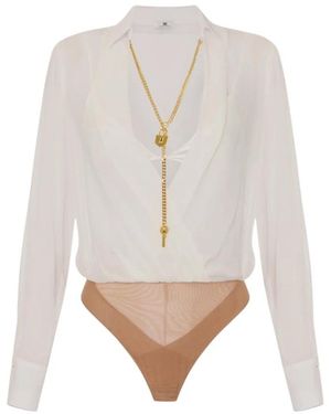 Elisabetta Franchi Tops ,Wit ,Satijn Georgette Body Met Ketting En Satijnen Beha