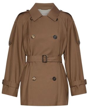 Max Mara Jassen ,Bruin ,Katoen Korte Gabardine Trenchcoat Van Waterafstotende Twill
