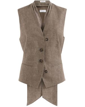 Brunello Cucinelli Jassen ,Bruin ,Linnen Linnen Gilet Met Ceintuur