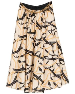 Elisabetta Franchi Printed Skirt With Ribbon And Chain Detail - Natural
