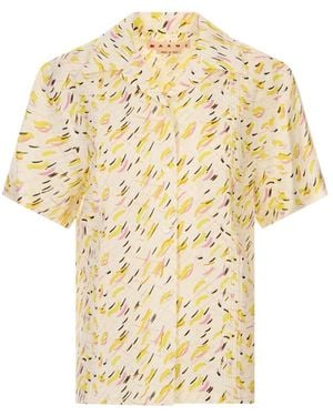 Marni Overhemden ,Veelkleurig ,Linnen Linnen Overhemd Met Brushstroke Wave-Print - Naturel