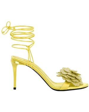 Philipp Plein Schoenen ,Geel ,Leer Sandaletten Met Hoge Hak En Strik Met Strass Bloemen