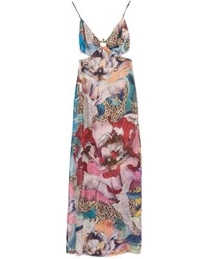 Just Cavalli Kleedjes ,Veelkleurig ,Chiffon Floral Chiffon Maxi Jurk - Rood