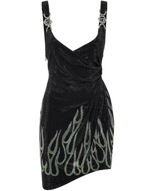 Philipp Plein Jersey Strass Mini Jurk Flame - Zwart