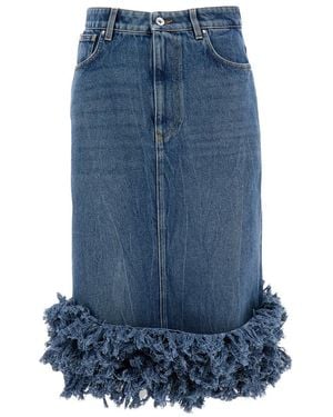 Rabanne Rokken ,Blauw ,Denim Midi Rok Van Gewassen Denim Met Franjes