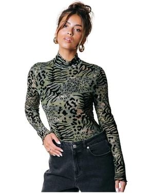 Colourful Rebel Leopard Mesh Flock Top - Grün