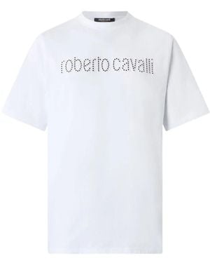 Roberto Cavalli Tops ,Wit ,Katoen T-Shirt Met Logo En Mini-Studs