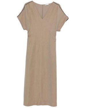Brunello Cucinelli V-Hals Gerimpelde Midi Jurk - Naturel