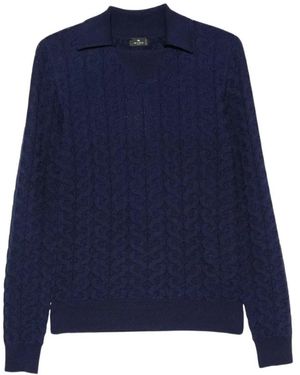Etro Truien & Vesten ,Blauw ,Wol Pullover Met Polokraag Van Kabelssteek