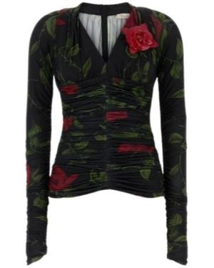 Blumarine Overhemden ,Veelkleurig ,Polyester Blouse Met Bloemenprint En Plooidetails - Zwart
