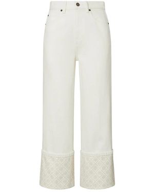 Tory Burch Broeken ,Wit ,Katoen Contrast Cuff Straight Leg Jean