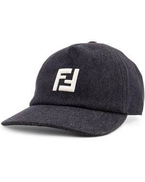 Fendi Schwarzer Logo Bestickter Verstellbarer Hut - Blau