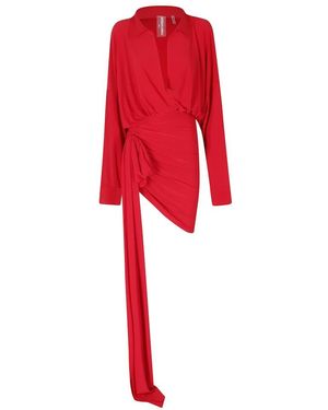 Norma Kamali Kleedjes ,Rood ,Polyester Oversized Overhemdjurk Met Zijwaartse Drapage En Strik